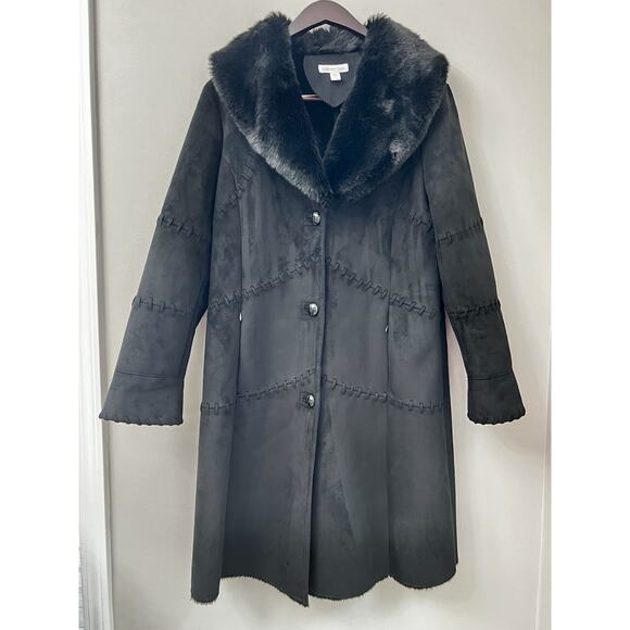Coldwater Creek Coat Womens 12 Penny Lane Black Faux Suede/Fur Boho Retro Classy - Picture 1 of 16